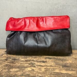 80s Margolin Leather Foldover Clutch Black Red Colorblock Vintage